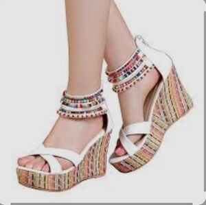 Getmorebeauty Women's Multicolor Beaded Wedge Sandals. Size 36- 6 USA